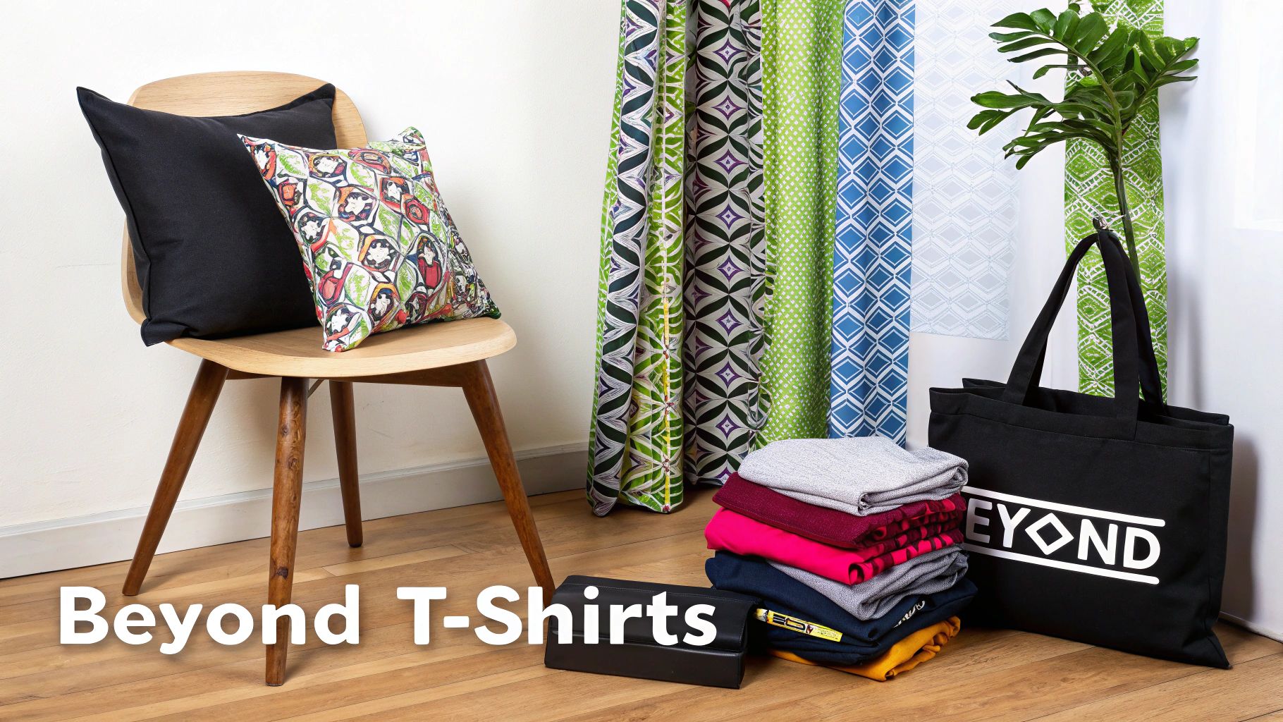 A room with a wooden chair and pillows, vibrant patterned fabrics, a stack of colorful t-shirts, and a black tote bag.