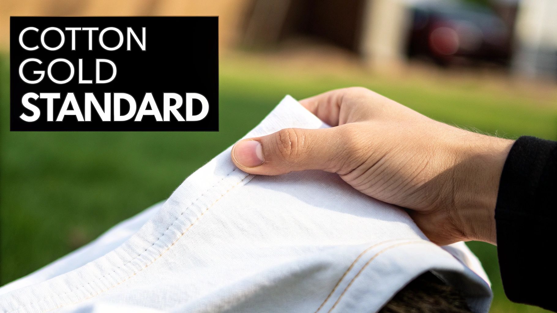 A hand holds a white cotton fabric with visible stitching, next to a 'COTTON GOLD STANDARD' label.