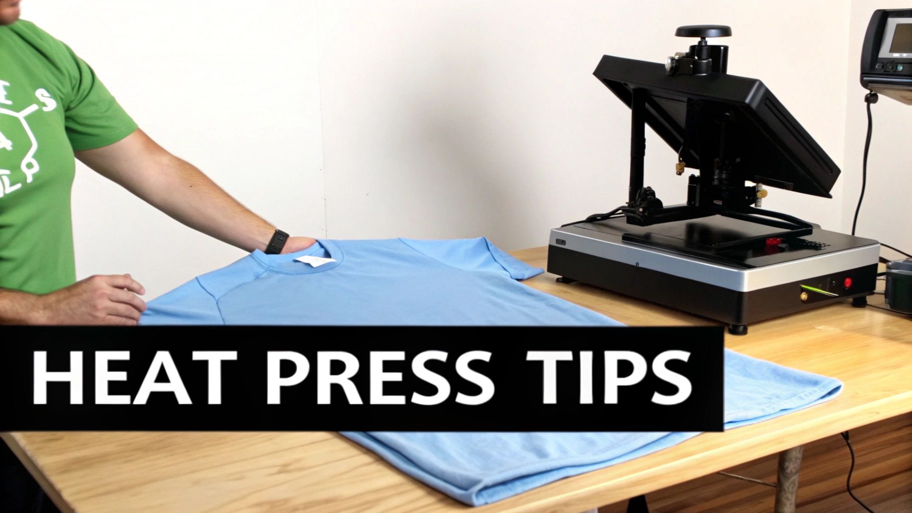 Person placing a light blue t-shirt on a table next to a heat press machine for customization.
