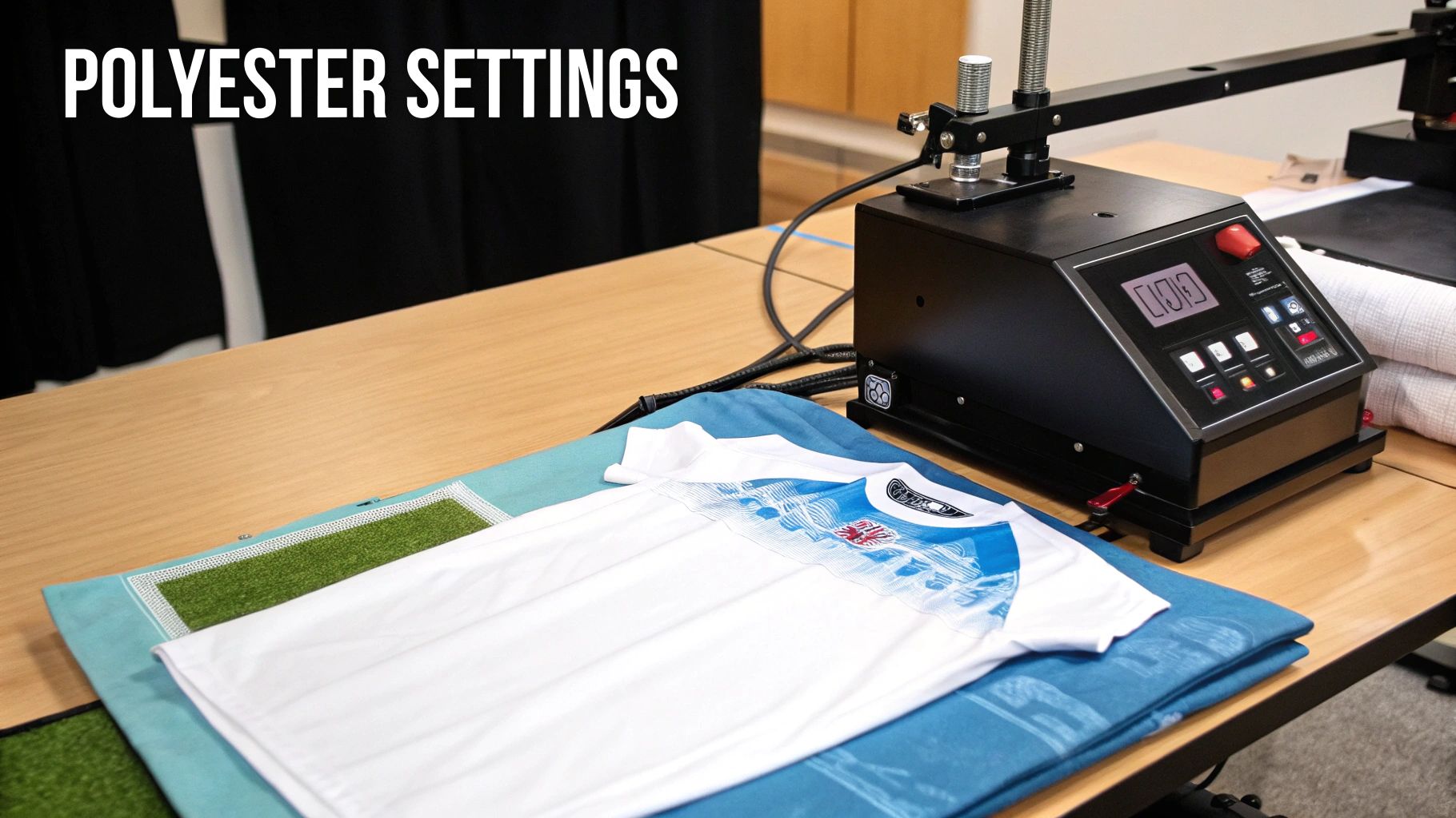 A black heat press machine and a white polyester t-shirt with a design, displaying 'POLYESTER SETTINGS' text.
