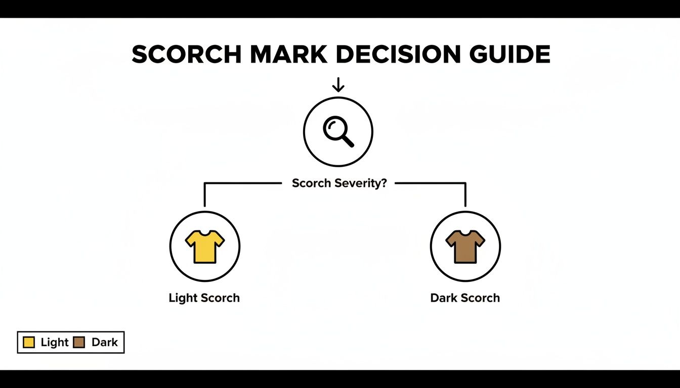 Flowchart guiding scorch mark severity assessment, categorizing them as light (yellow) or dark (brown).