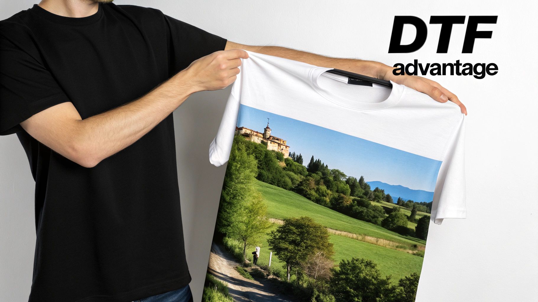 A person wearing a custom-printed shirt with a vibrant and detailed DTF design.