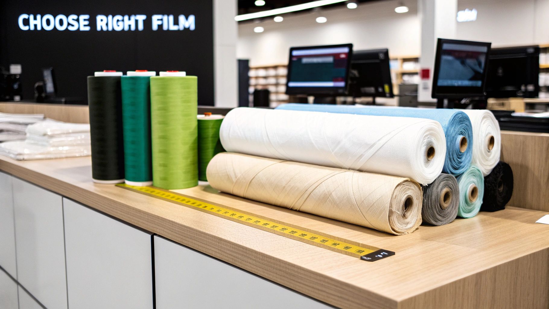 Display of various colorful film rolls and spools with a measuring tape on a wooden counter.