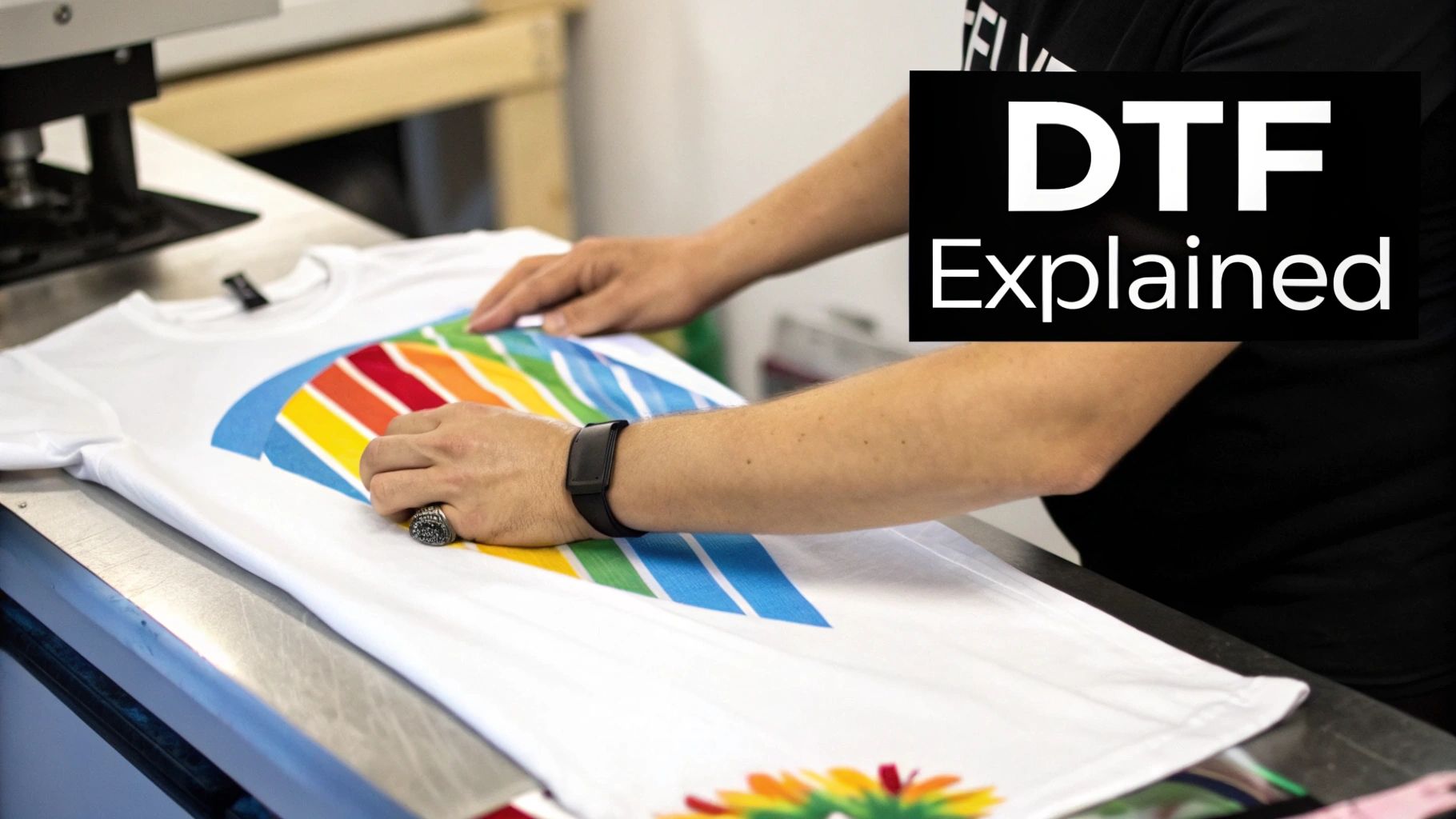 A DTF printer creating a vibrant design on a special transfer film, ready for application.