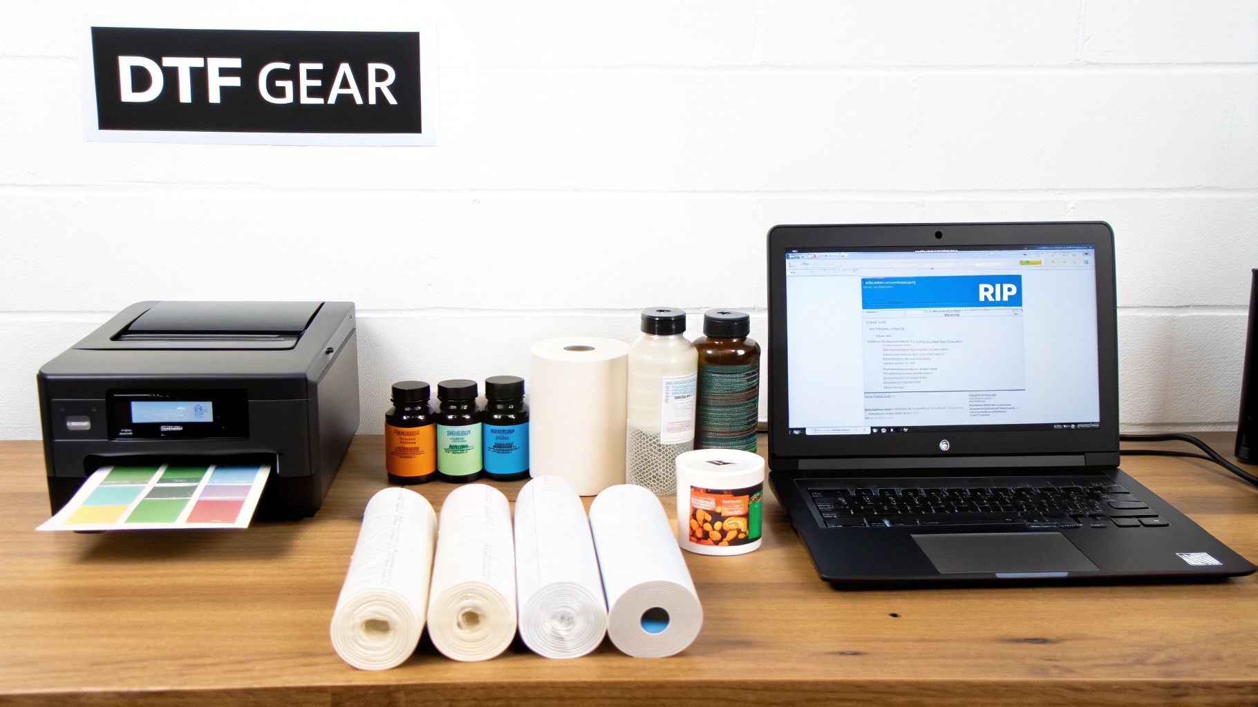 A DTF printing setup with a printer, inks, film, powder, and a laptop on a wooden desk.