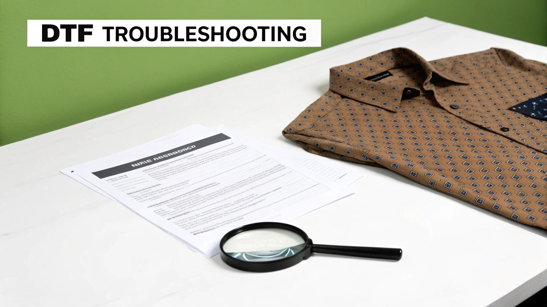 DTF troubleshooting setup with a shirt, documents, and magnifying glass on a white desk.