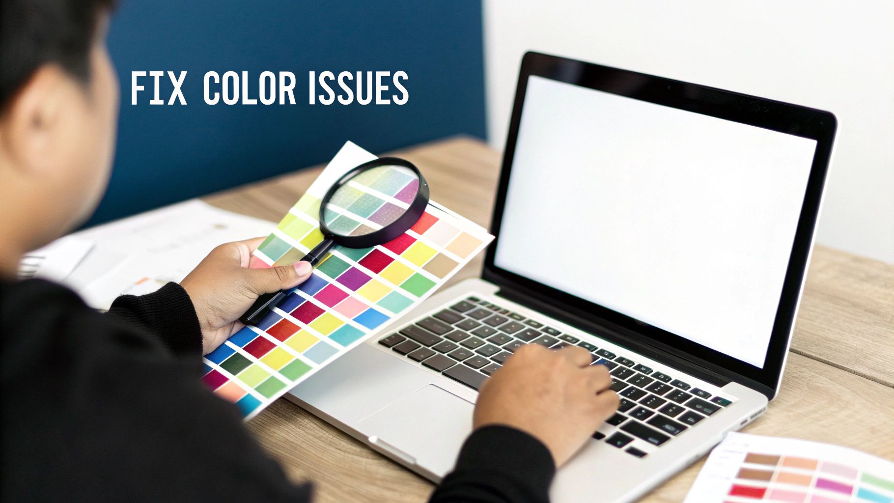 Person uses a magnifying glass to check color swatches while typing on a laptop for color correction.