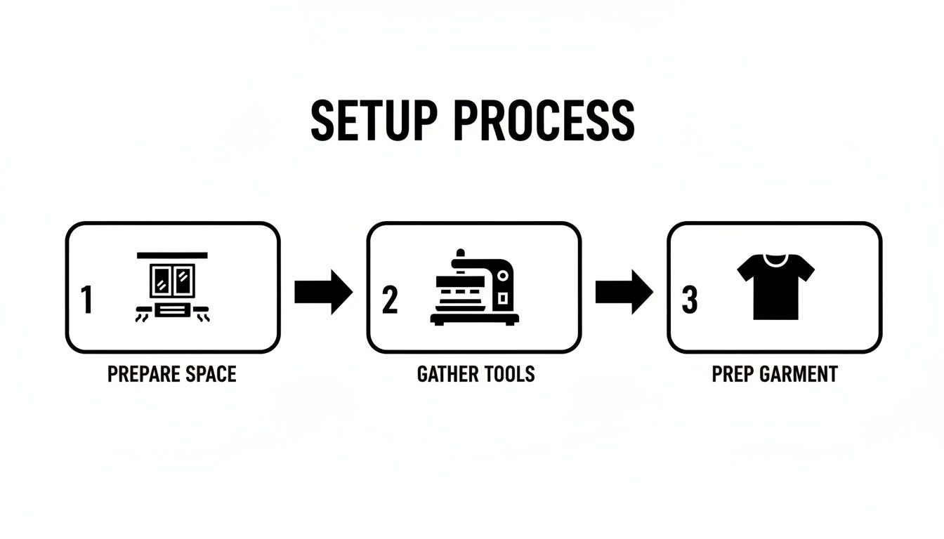 Visual guide for iron transfer setup showing steps to prepare space, gather tools, and prep garment.