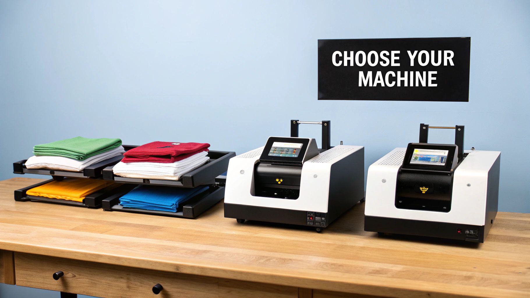 Two garment printers sit on a wooden table next to stacks of colorful folded t-shirts, with a 'CHOOSE YOUR MACHINE' sign above.