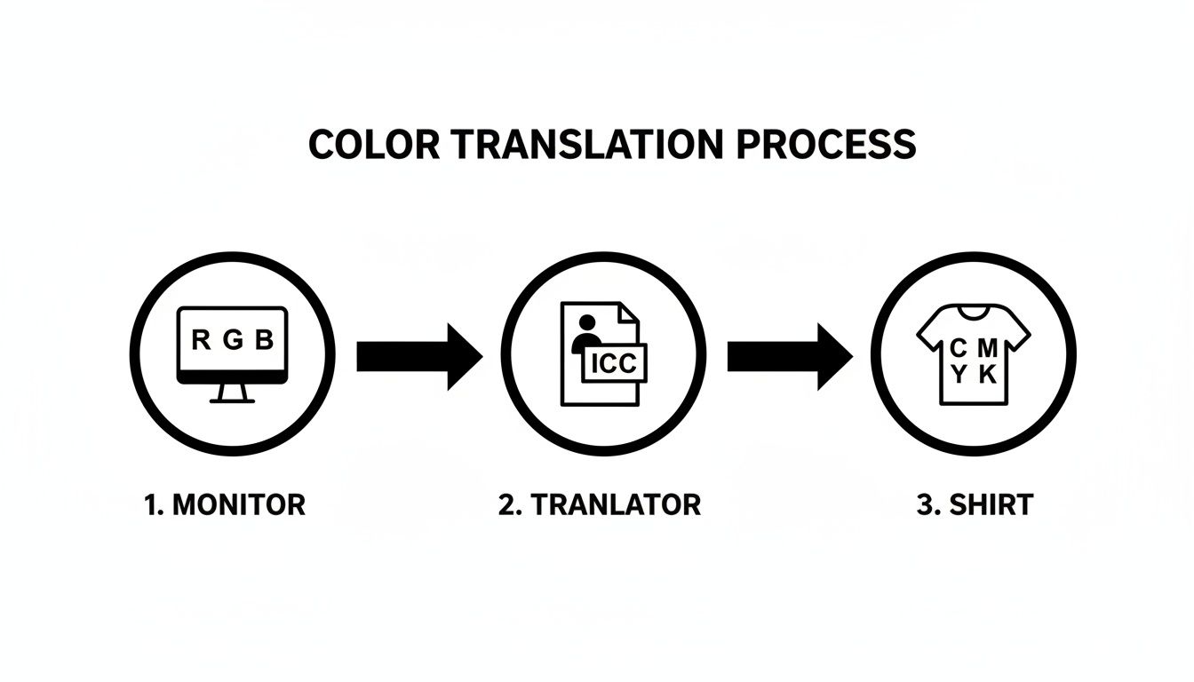 Diagram illustrating the color translation process: RGB monitor, ICC profile translator, and CMYK shirt printing.