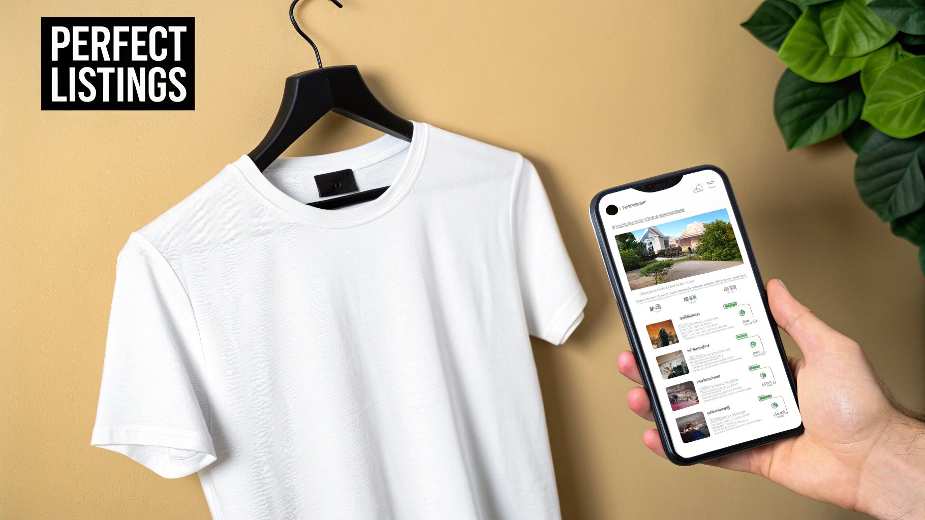 White t-shirt on a hanger next to a hand holding a smartphone displaying 'Perfect Listings' and various product listings.