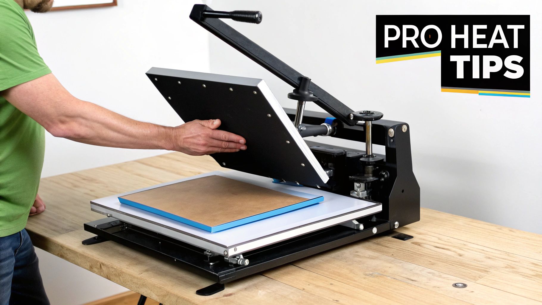 A person's arm operates an open heat press machine on a wooden table, preparing an item for pressing.