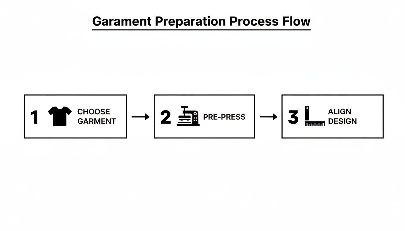Flowchart detailing garment preparation steps: choose garment, pre-press, and align design for printing.