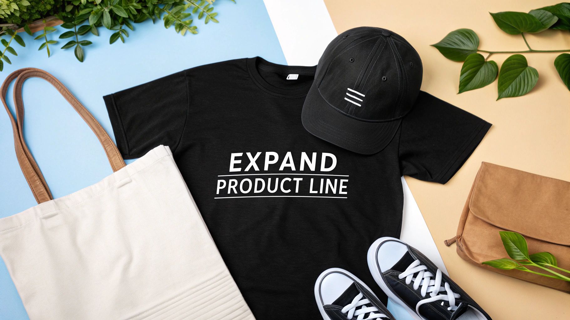 Flat lay of black apparel with 'EXPAND PRODUCT LINE' t-shirt, cap, tote bag, and sneakers.