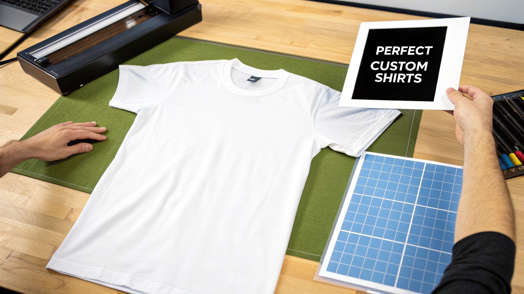 Hands preparing a white t-shirt on a green mat with a heat press and design for custom shirts.