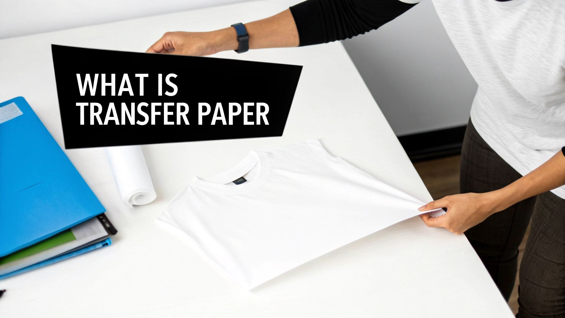 A person using a heat press to apply a design from transfer paper onto a white t-shirt.