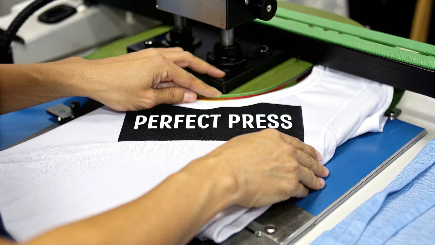 A heat press machine applying a custom design onto a black t-shirt.