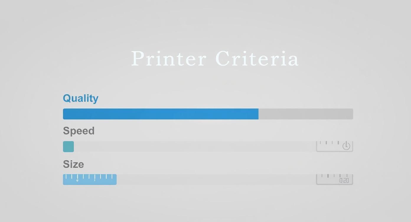 Infographic comparing DTF printer criteria like quality, speed, and size.