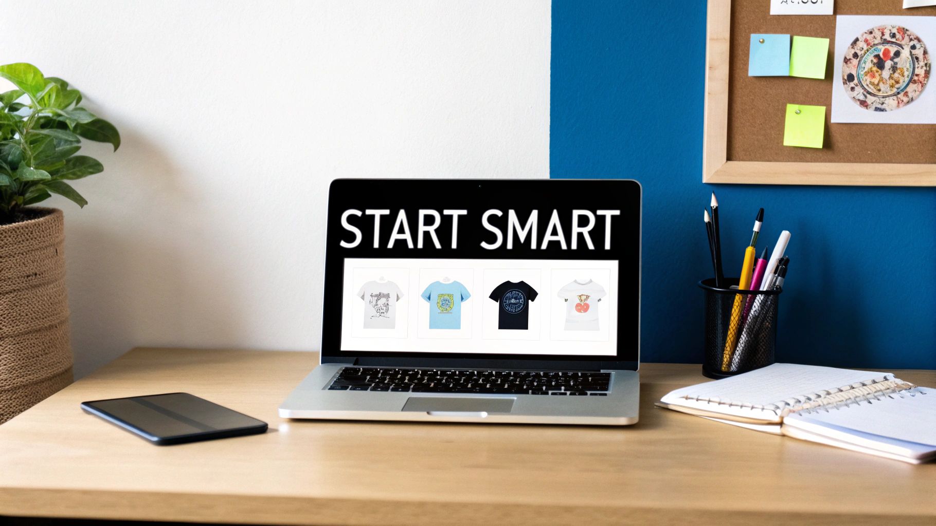 A laptop displays 'START SMART' and t-shirt designs on a desk with office supplies and a plant.