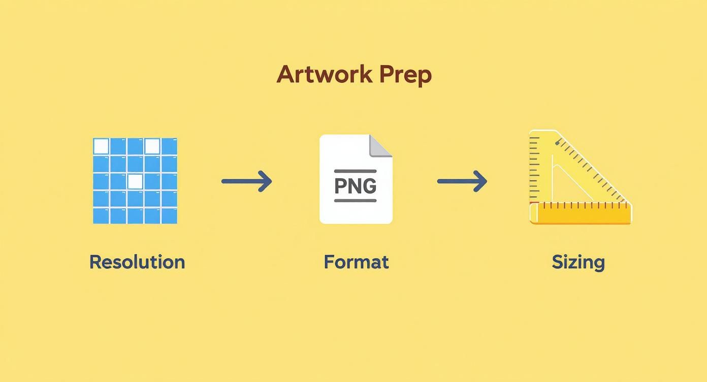 Infographic showing the artwork preparation process with icons for Resolution, Format, and Sizing.