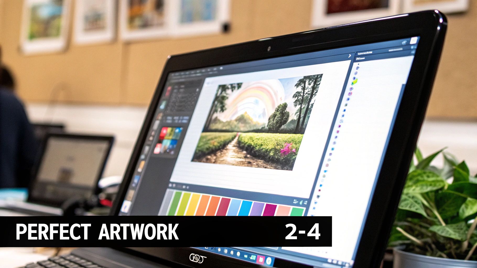 A designer's hands are shown adjusting a colorful graphic on a computer monitor, preparing it for DTF printing.