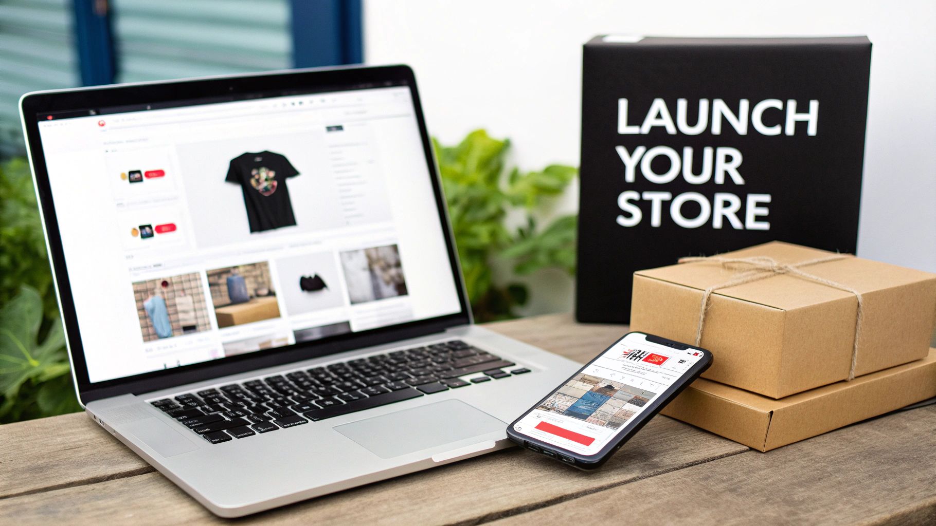 Laptop and smartphone showcasing an online store with clothing products, beside shipping boxes and a 'LAUNCH YOUR STORE' sign.