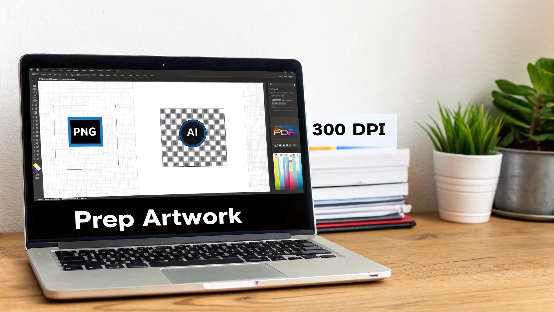 A laptop displays design software with PNG and AI artwork icons, along with 'Prep Artwork' and '300 DPI' text.