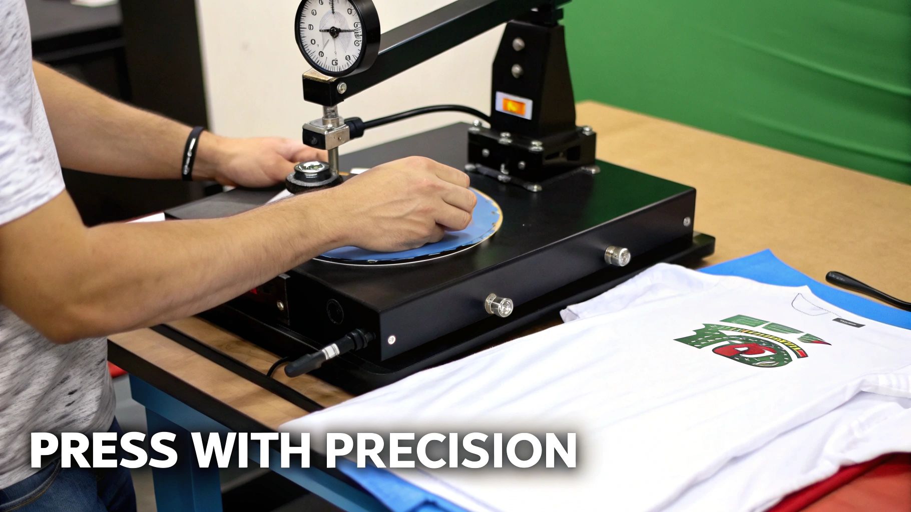 Person operating heat press machine with pressure gauge for custom t-shirt printing production