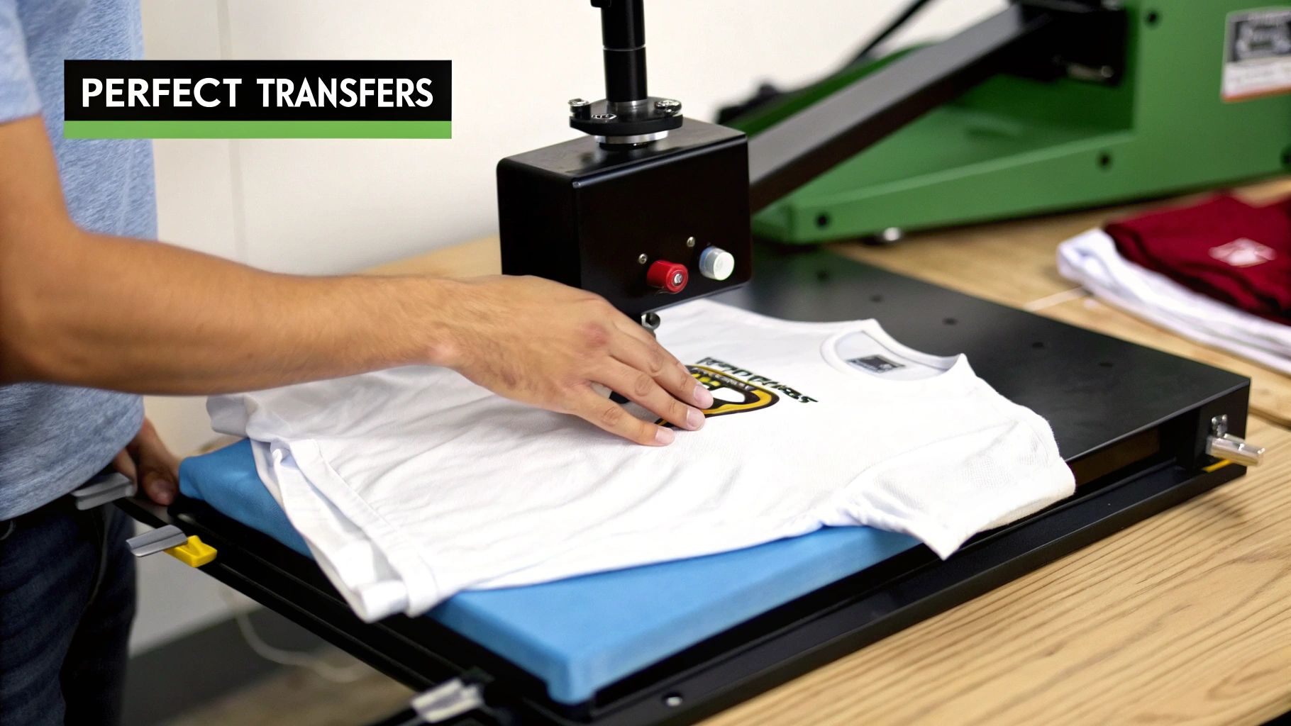 A person is pressing a design onto a white t-shirt using a heat press machine for perfect transfers.