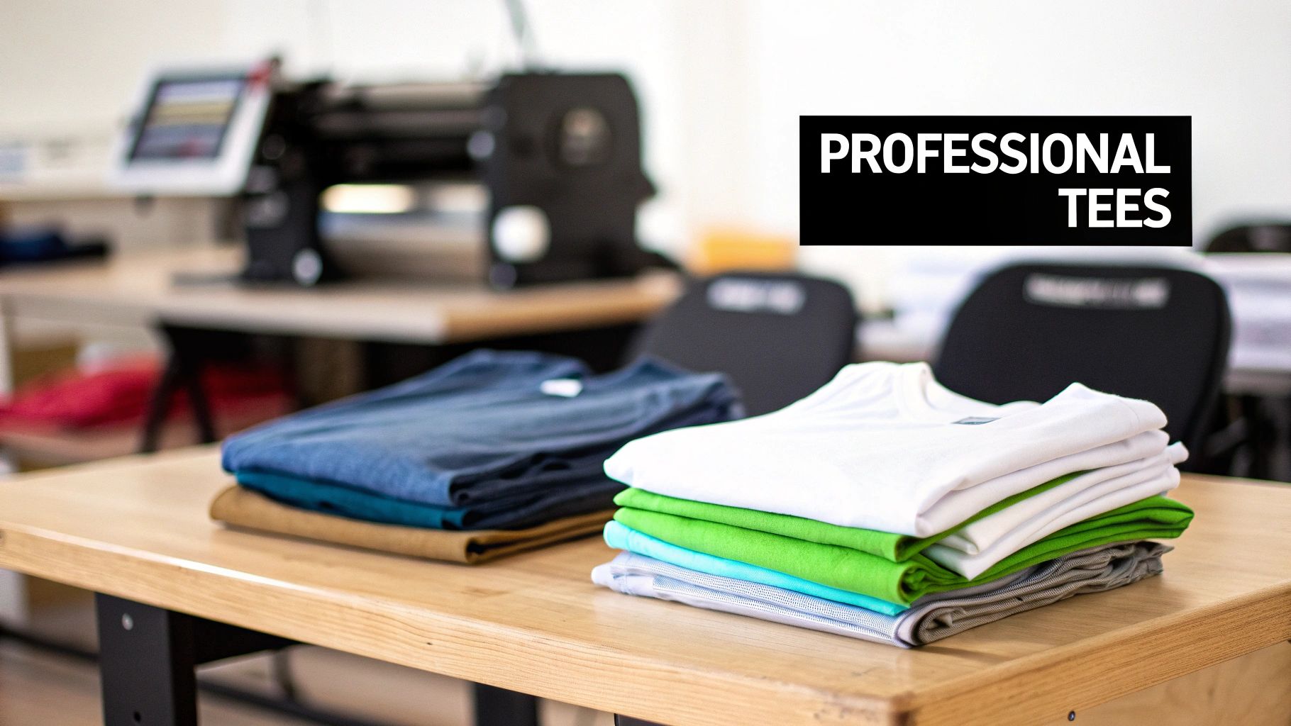 Stacks of neatly folded professional t-shirts in various colors on a wooden table, with a printing machine in the background.
