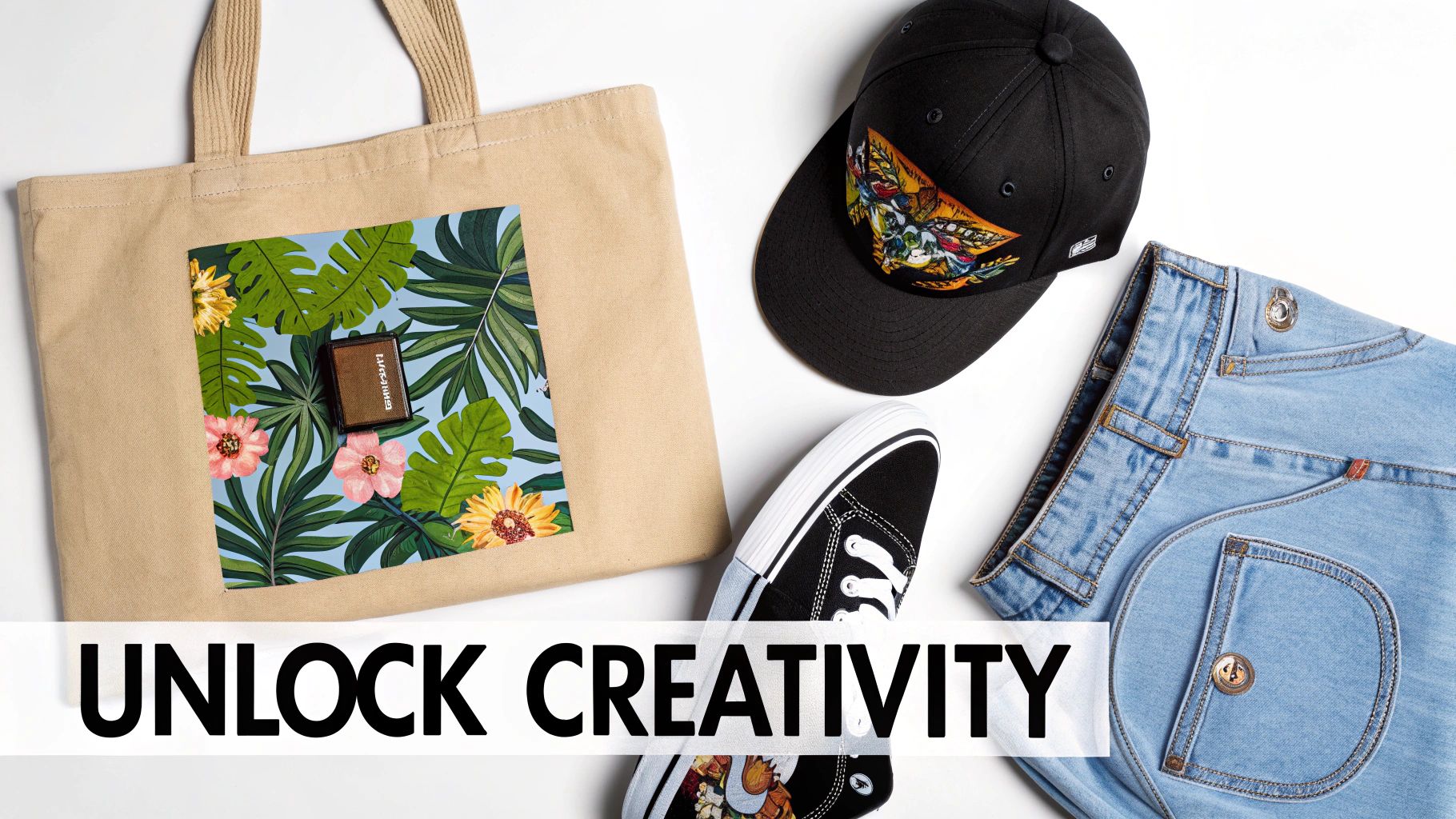 A flat lay of custom apparel: a floral tote bag, black cap, sneaker, and light blue jeans on white.