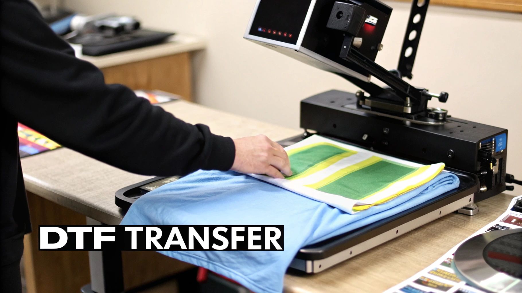 A person placing a DTF transfer sheet with green and yellow design onto a blue t-shirt on a heat press machine.