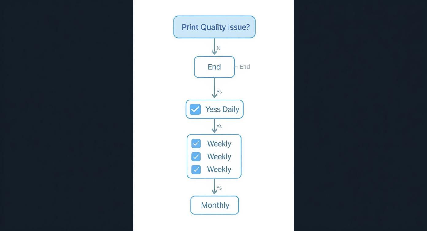 Flowchart showing steps for addressing print quality issues, with daily, weekly, and monthly actions.