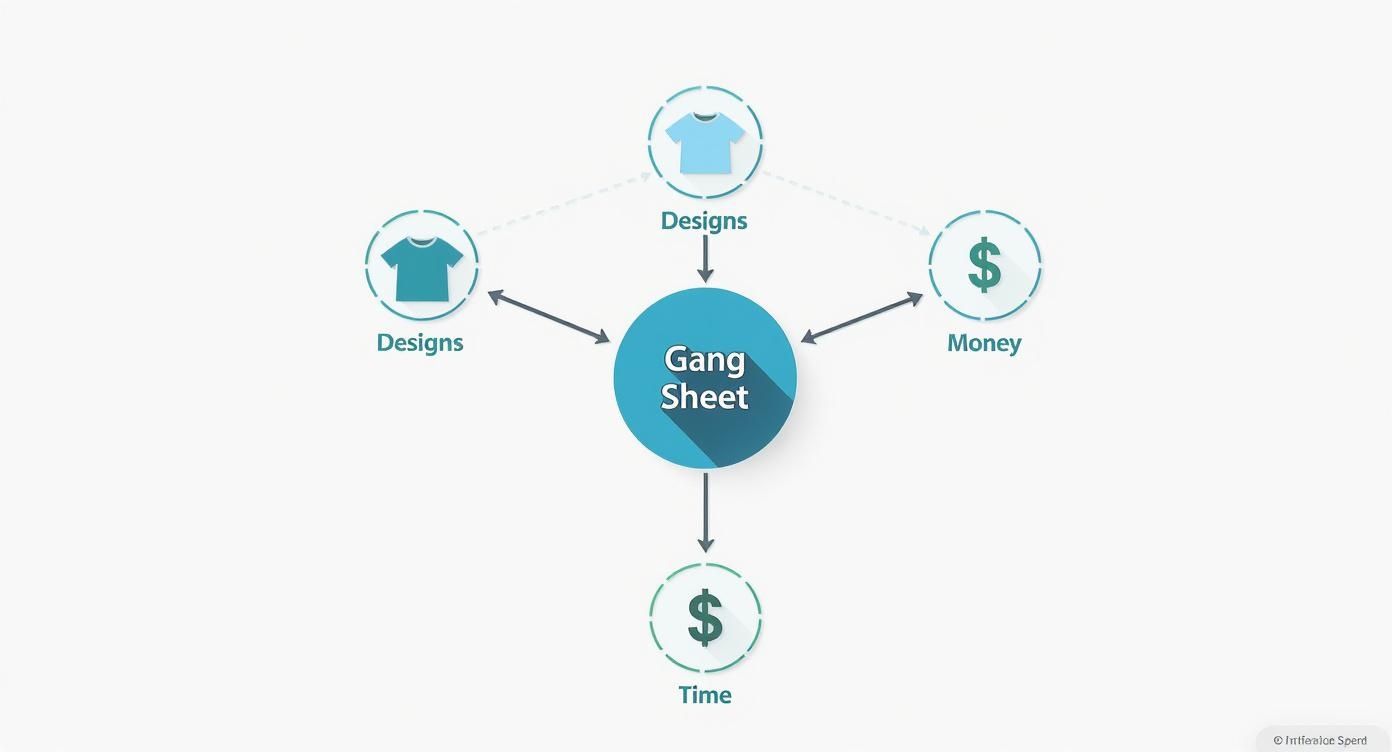 Gang sheet workflow diagram showing designs, money, and time flowing into central production hub
