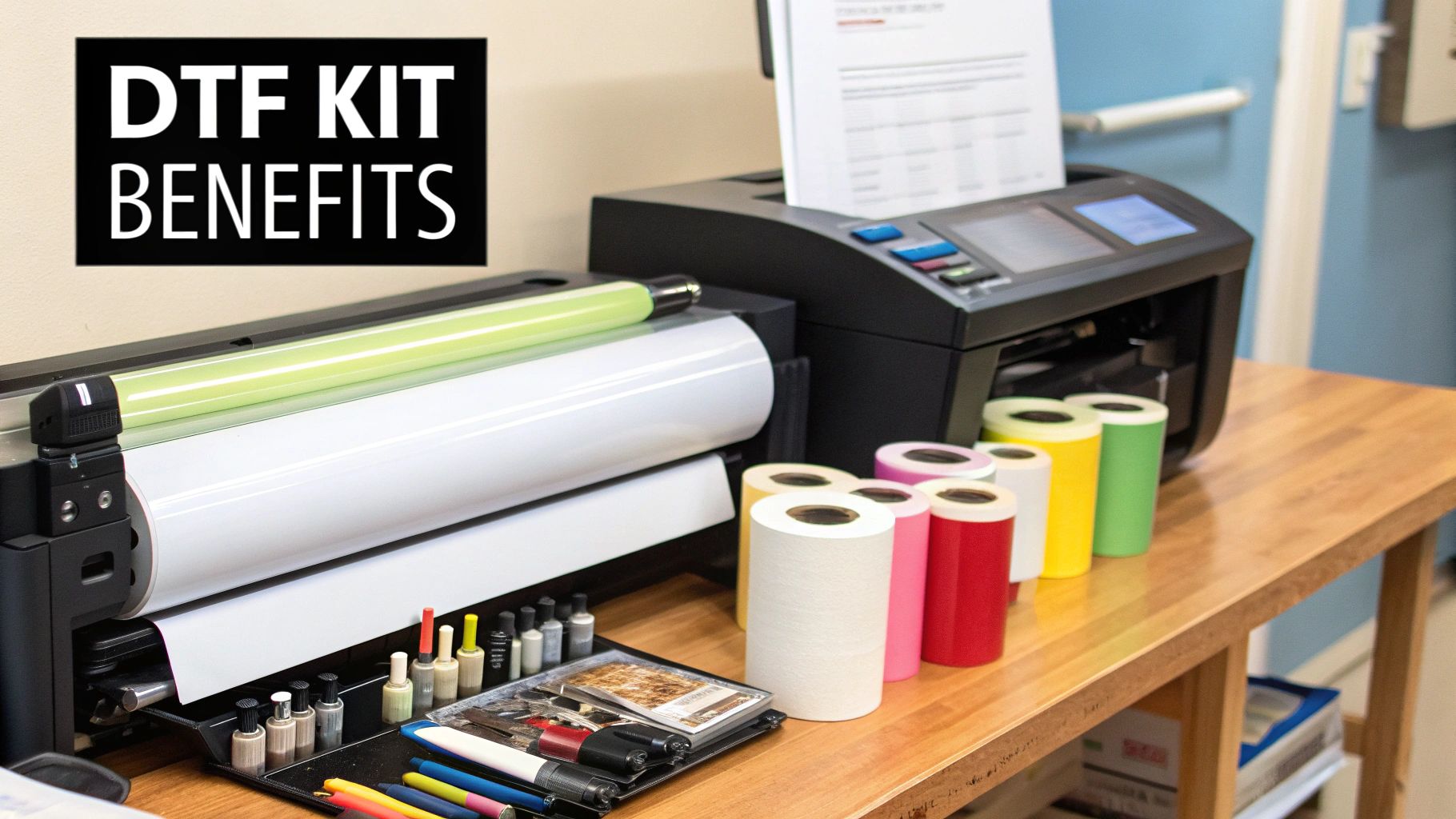 A person working on a DTF printer in a well-lit workshop.