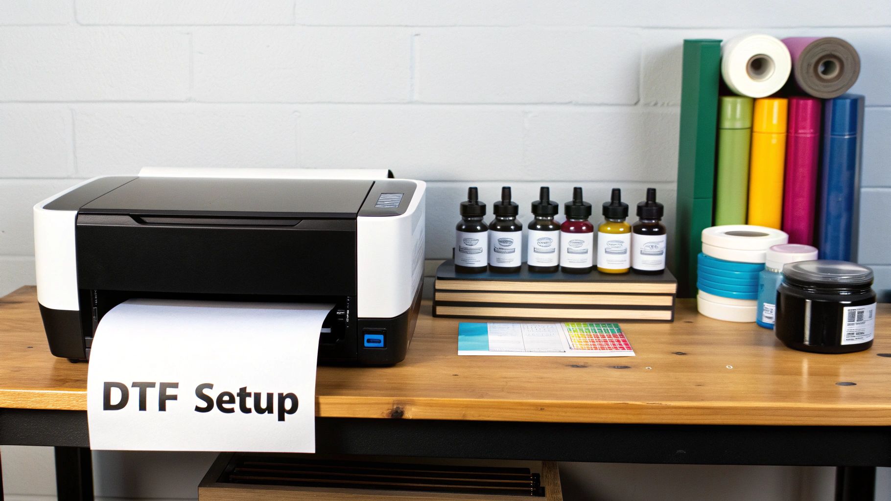 A complete DTF printing setup showing the printer, powder station, curing oven, and heat press.