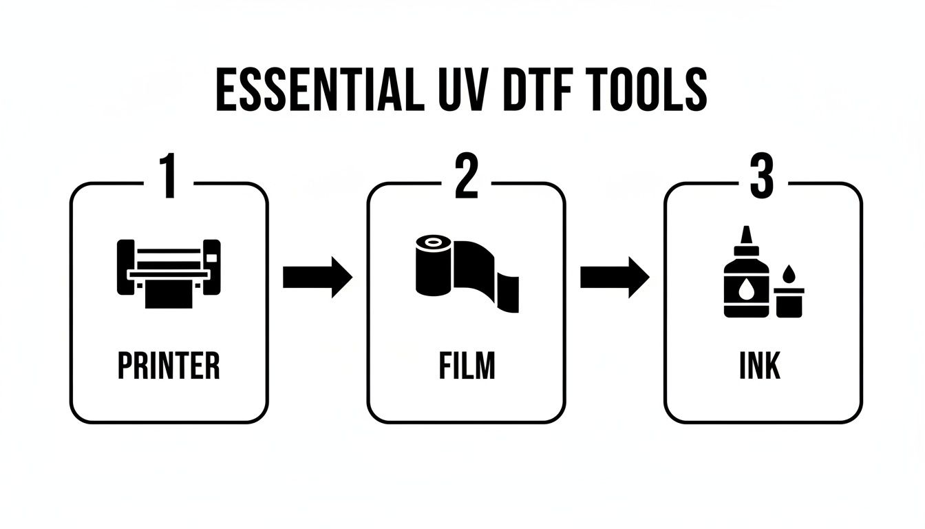 A diagram showing essential UV DTF tools: a printer, a roll of film, and ink bottles.