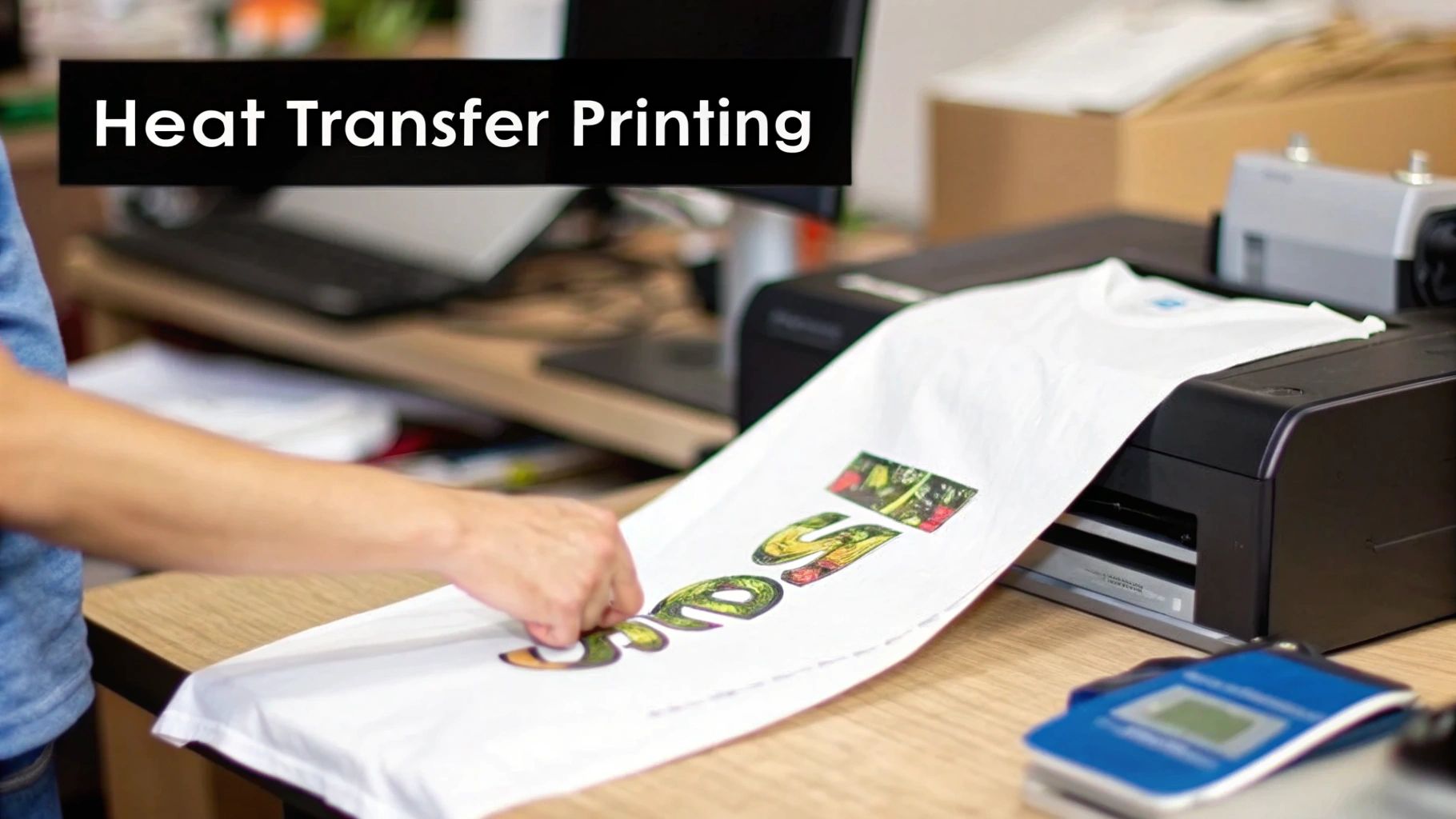 A person's hands are adjusting a white t-shirt being printed with a colorful design using a heat transfer printer.