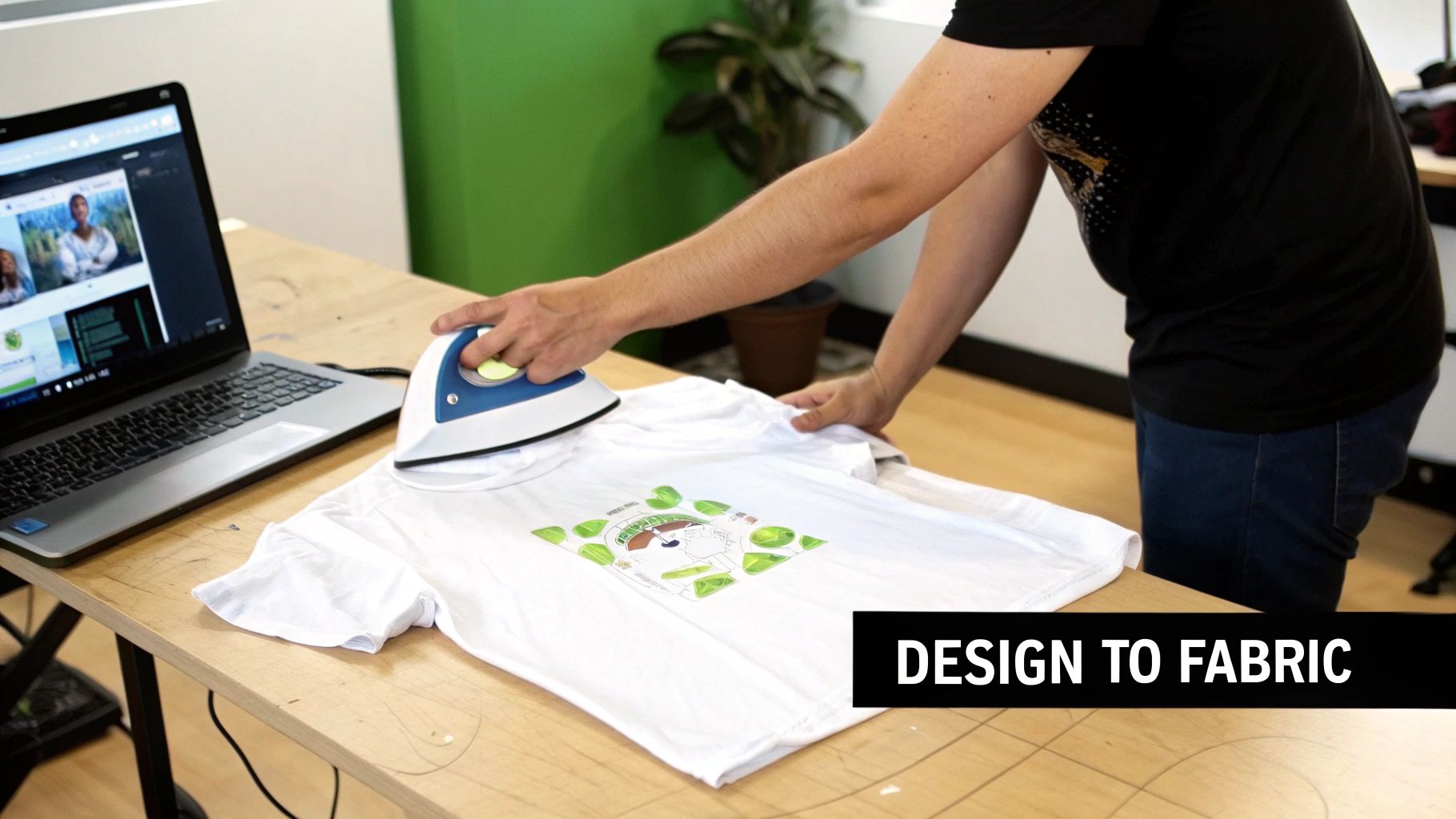 A person uses a compact heat press to apply a colorful design onto a white t-shirt next to a laptop.