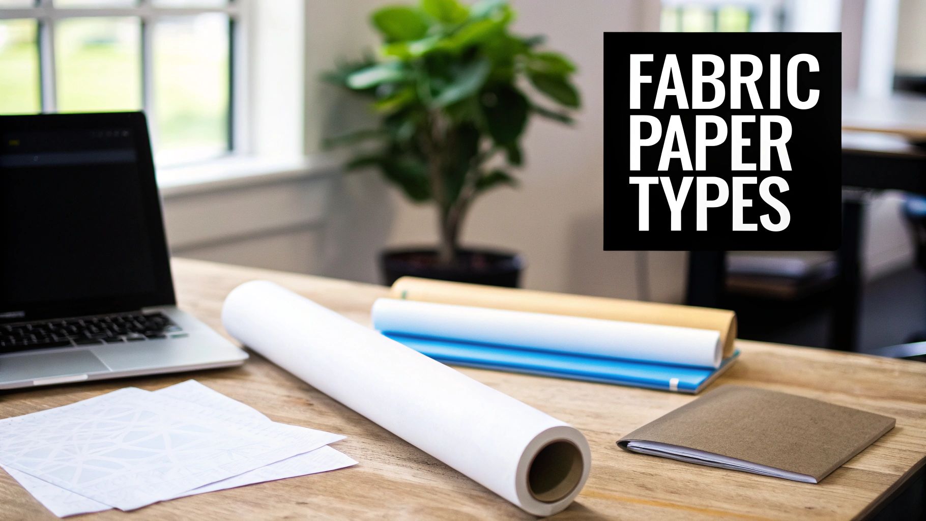A desk setup with a laptop, rolls of fabric and paper, and patterned sheets, labeled 'FABRIC PAPER TYPES'.