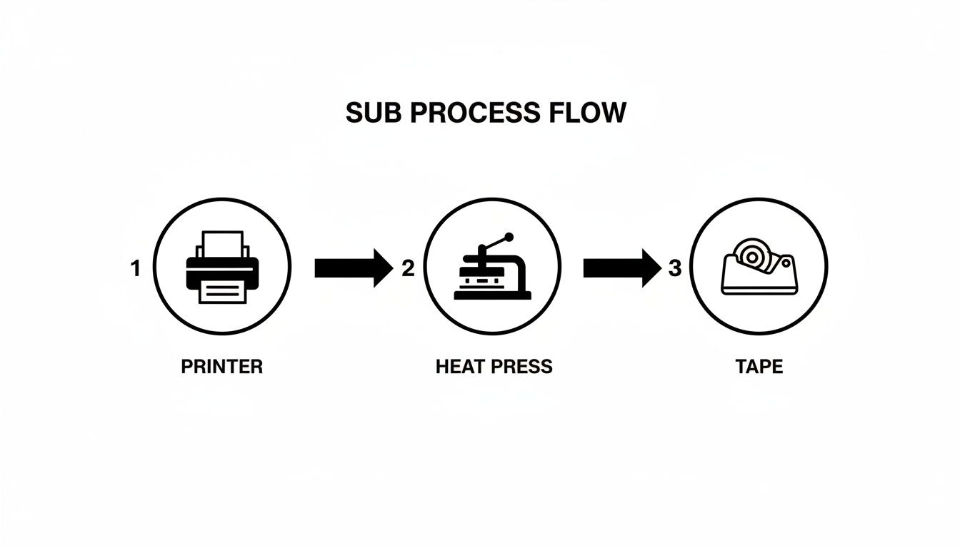 A simple flowchart illustrating a three-step sublimation process: printer, heat press, and tape.