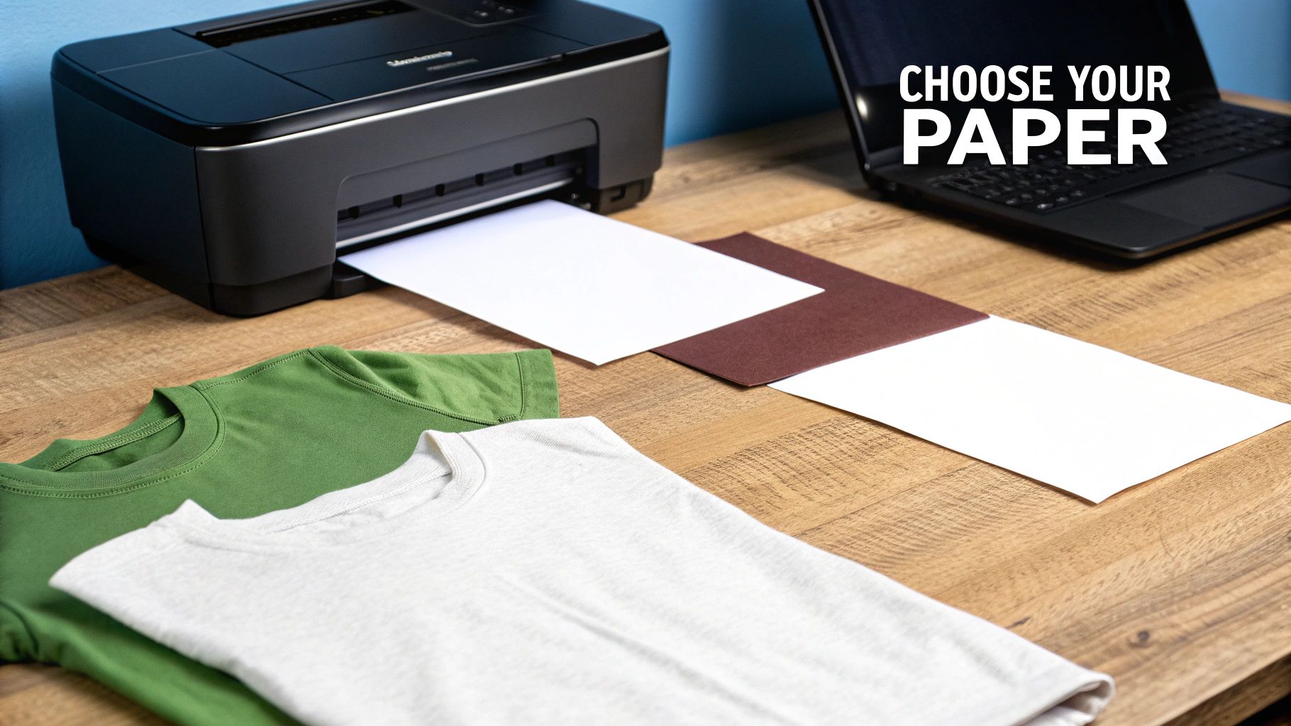 A person's hands holding up a freshly printed heat transfer paper sheet with a colorful design, ready for application.