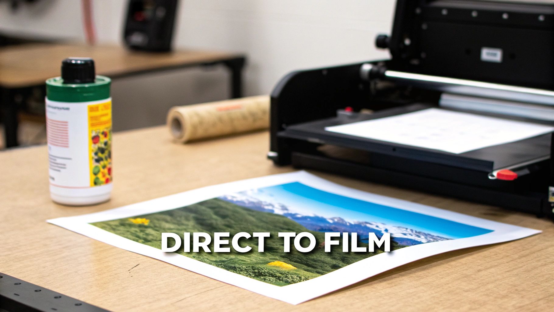 A direct to film (DTF) printing setup with a bottle, machine, and a vibrant landscape print.