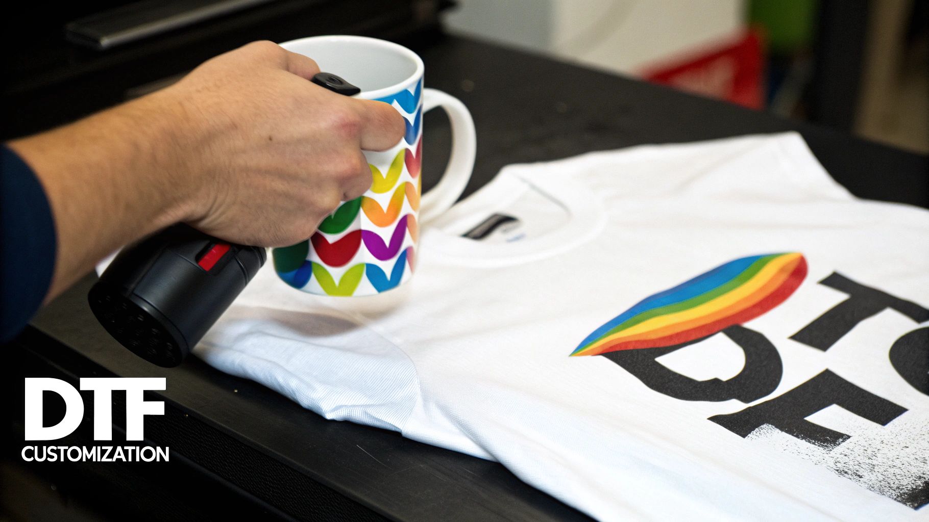 Hand uses a heat tool to customize a colorful patterned mug, next to a DTF printed t-shirt.
