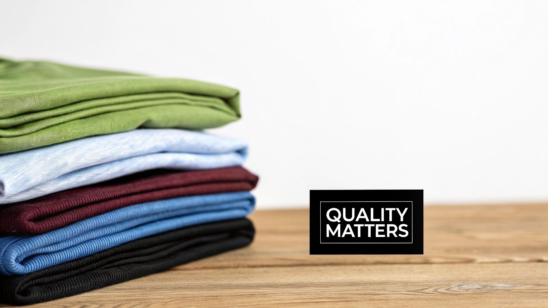 A stack of colorful, neatly folded high-quality t-shirts on a wooden table, with 'QUALITY MATTERS' text.