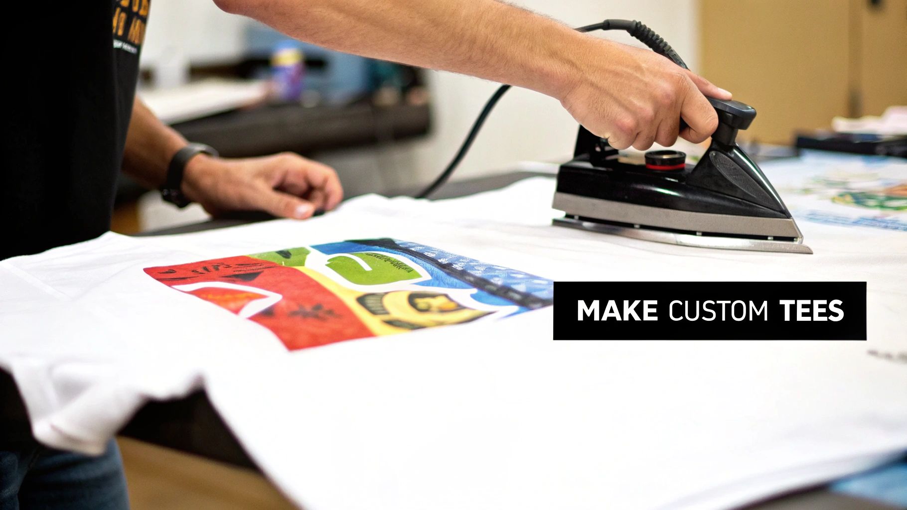A person uses a heat press iron to apply a colorful design onto a white t-shirt, making custom apparel.