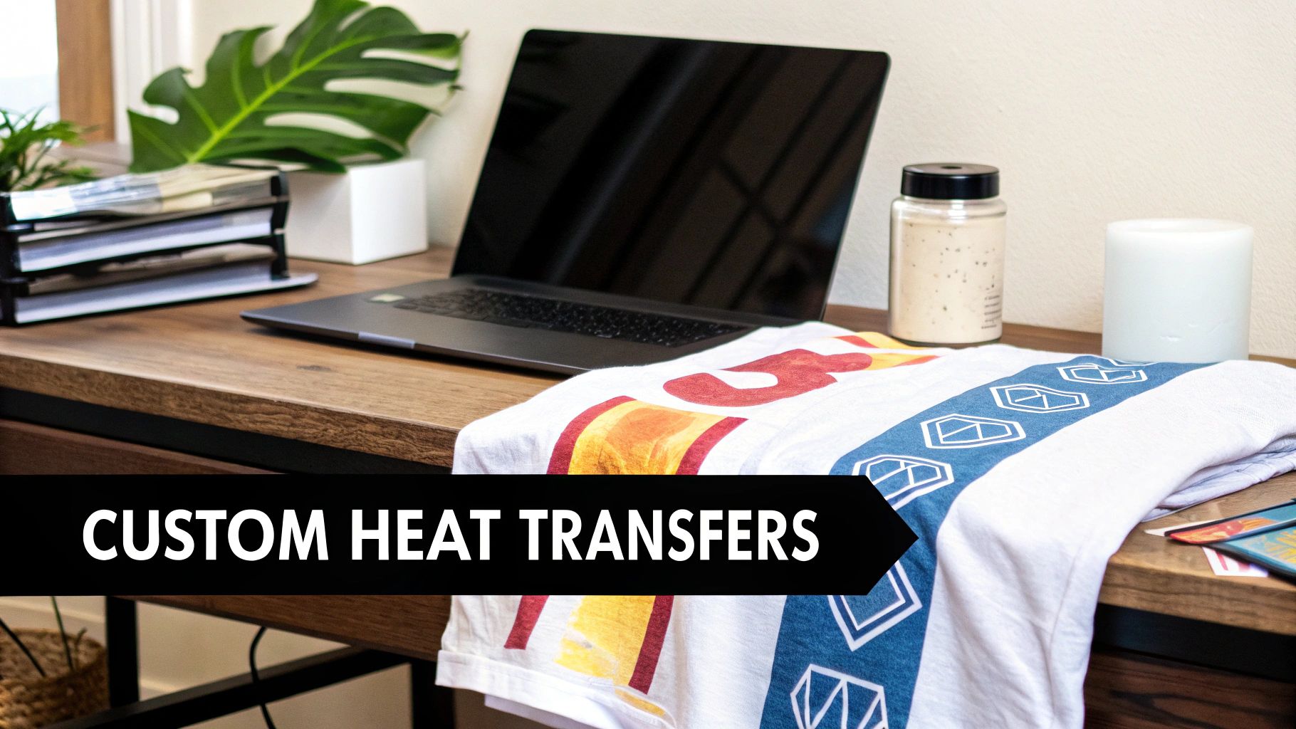 A person operating a heat press machine to apply a transfer onto a white t-shirt.