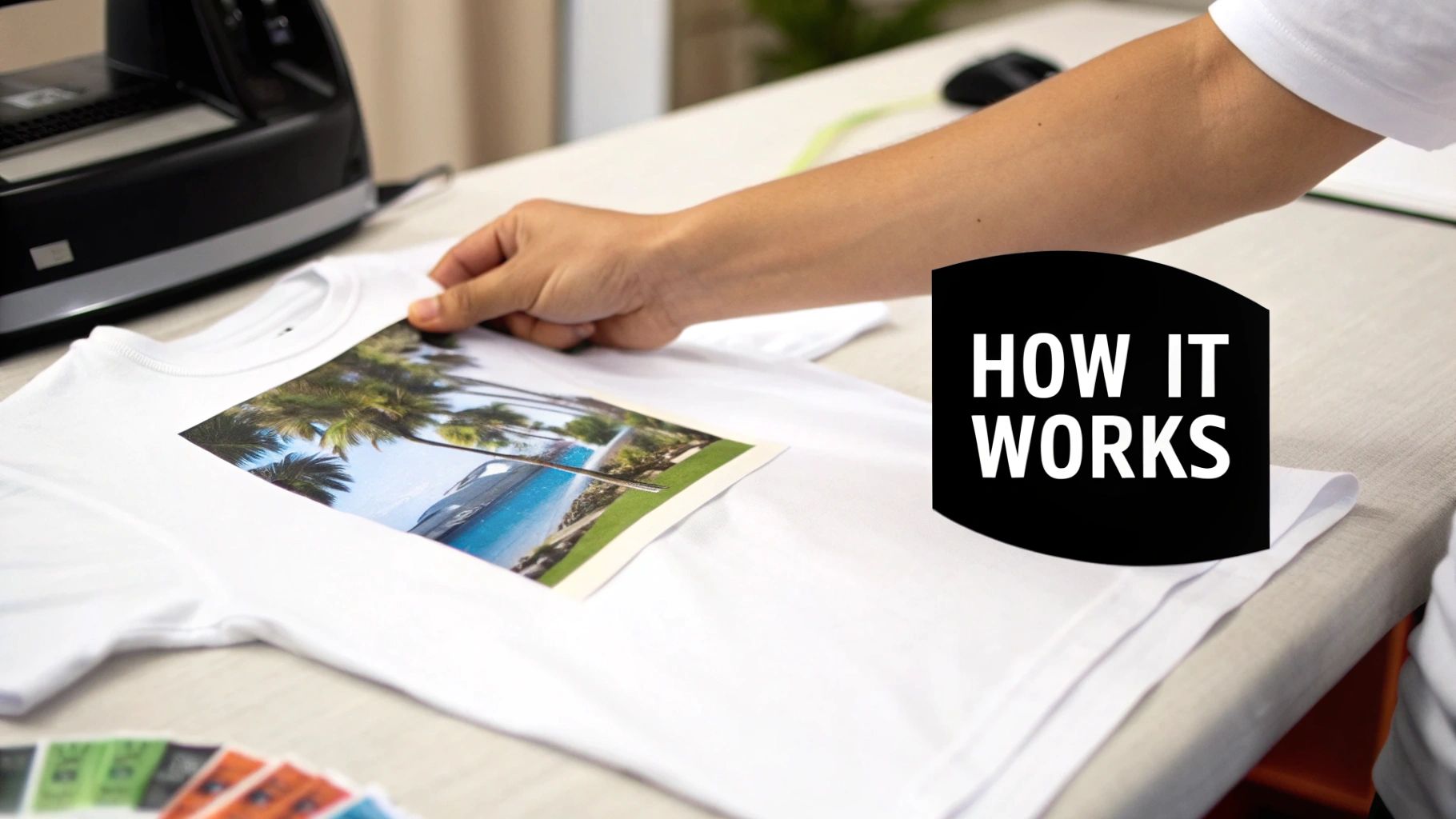 A person places a photo transfer paper with a tropical beach scene onto a white t-shirt, preparing for printing.