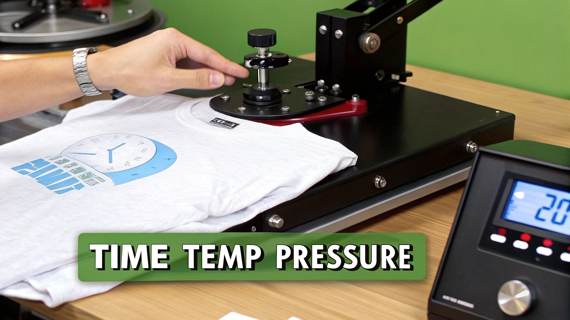 A close-up shot of a heat press machine's digital display, showing the temperature and time settings.