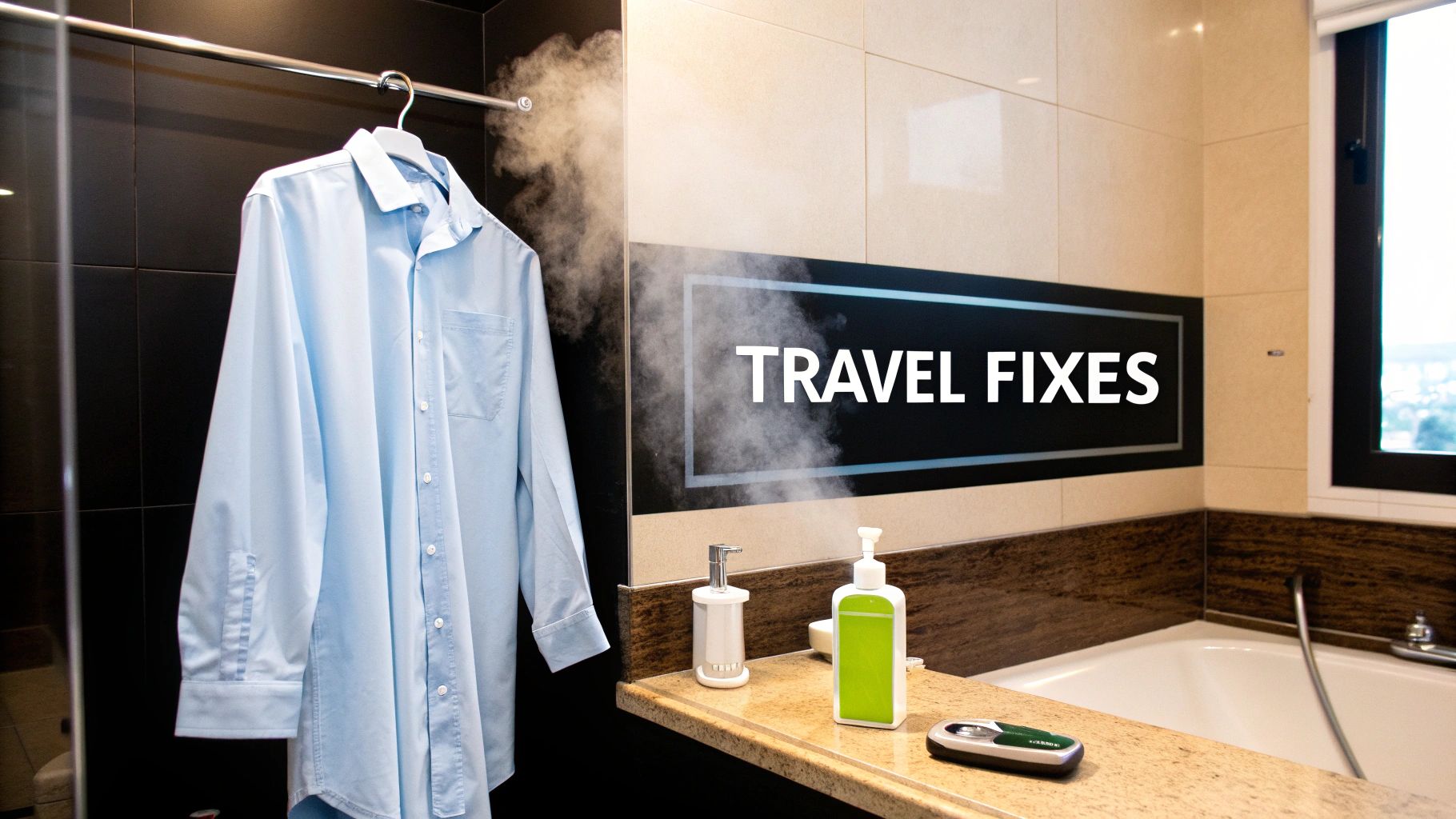 Steaming a blue shirt in a bathroom to remove wrinkles, a common travel fix for travelers.